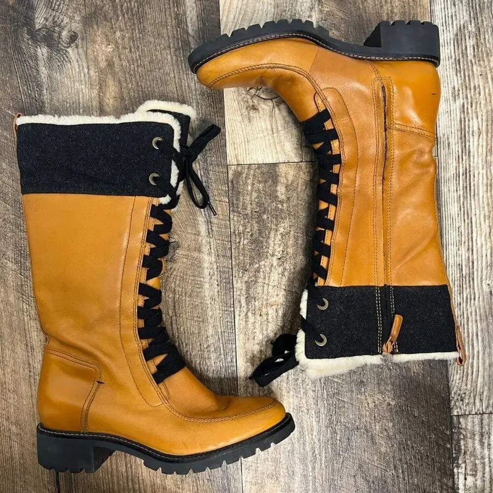 Cole Hann Henson Tall Leather Boots Camel Sherling Lace Up Lug Sole Size 6 1/2
